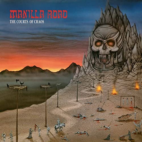 Album cover for Manilla Road’s “The Courts Of Chaos” featuring a skull-shaped mountain.