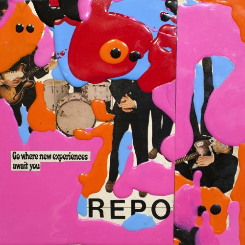 "Collage album cover with musicians and abstract shapes, titled 'REPO' on a pink background."