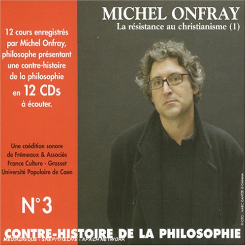 "CD cover with Michel Onfray's photo, red and black background, and white text."