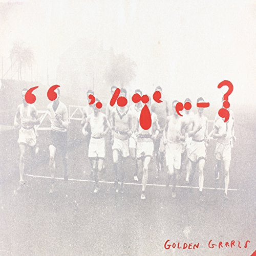 Vintage photo of runners with red graphic elements and text.