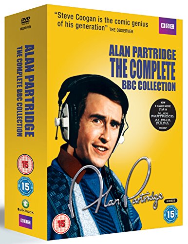 DVD box set with a man wearing headphones, titled "Alan Partridge: The Complete BBC Collection".