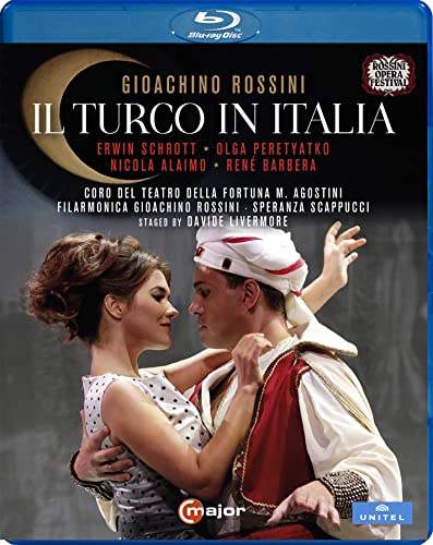 Blu-ray cover for Rossini’s “Il Turco In Italia” opera, featuring performers.