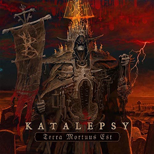 "Album cover art for Katalepsy featuring a dark, armored figure amidst a fiery, apocalyptic landscape."