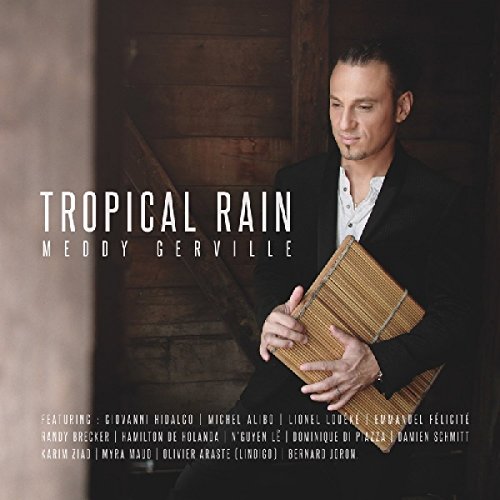 Man in a suit holding a bamboo instrument, album cover "Tropical Rain" by Meddy Gerville.
