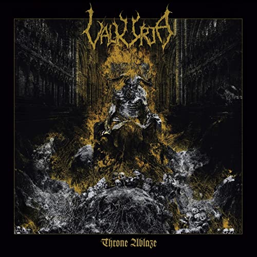 Dark album cover featuring a horned figure on a flaming throne.