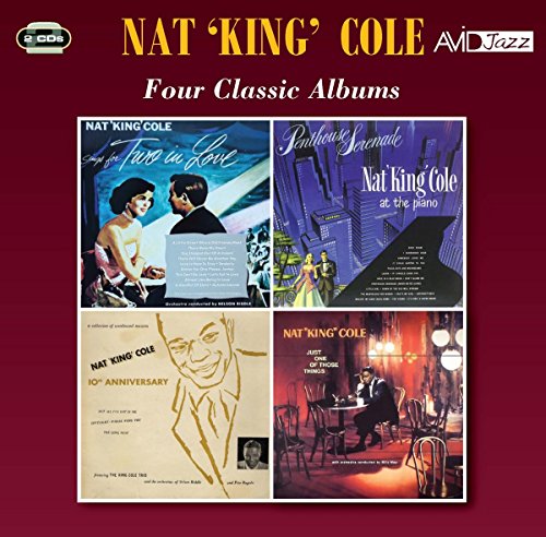 "CD cover with four Nat King Cole album covers on a red background."