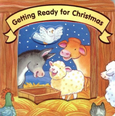"Children's Christmas board book cover featuring farm animals in a barn with a dove."
