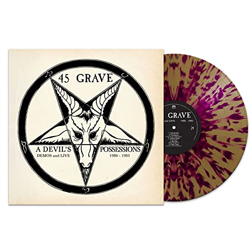 Vinyl record with goat-headed pentagram cover, gold and purple splatter effect.