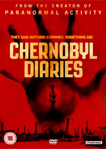 Red DVD cover for "Chernobyl Diaries" with a shadowy figure and industrial landscape.