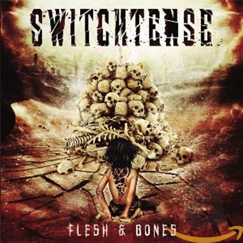CD cover for Switchtense's "Flesh & Bones" featuring skulls and a kneeling figure.
