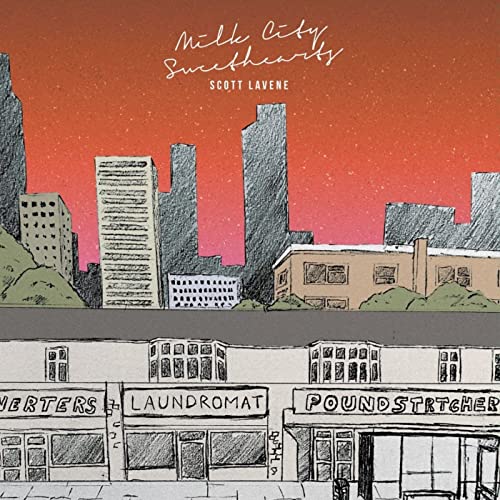 Hand-drawn cityscape album cover for Scott Lavene’s “Milk City Sweethearts.”