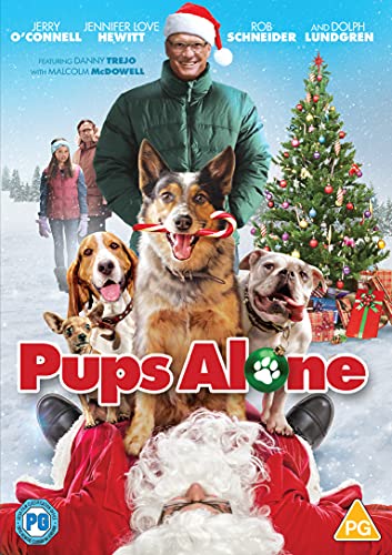 Pups Alone" DVD cover featuring a man with dogs and a Christmas tree.