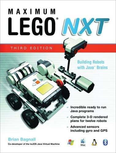 "Book cover featuring a Lego robot with tracks and a curved arm, various colored lights."