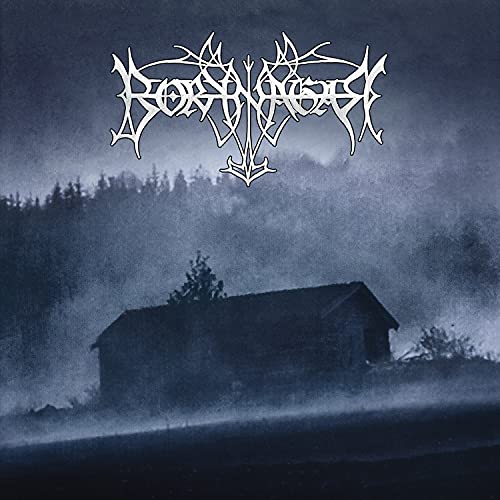 Dark album cover with band logo above a misty landscape and small building.