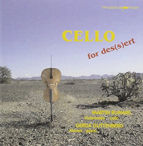 Cello mounted on a pole in a desert landscape, with text overlay on the image.