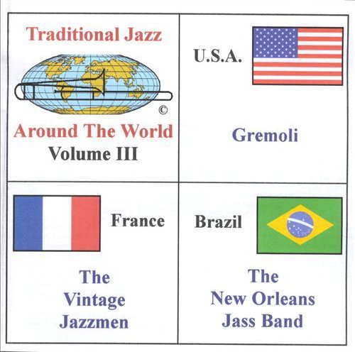 "CD cover with a blue-toned world map and three national flags on the right."
