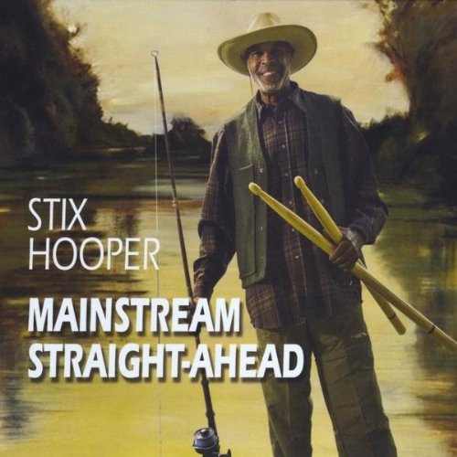 "Album cover with a man holding drumsticks and a fishing rod."