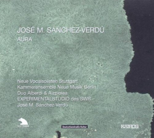 "CD cover with green textured background, white text, and black irregular shape on the right."