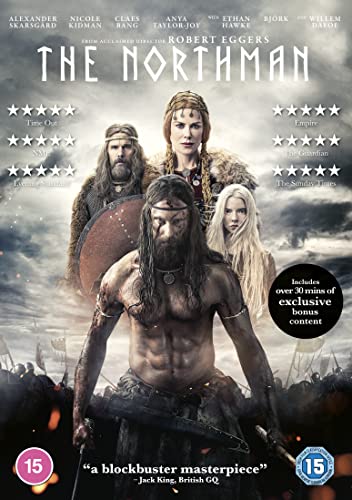 DVD cover art for The Northman featuring a shirtless Viking warrior and other cast members.