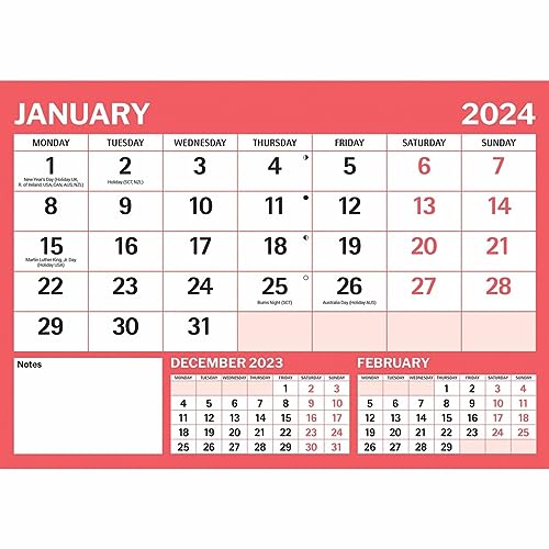 Red & Black Large Boldtype Landscape A4 Calendar 2024