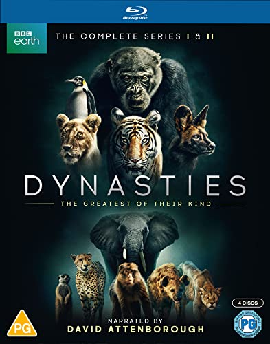 “Dynasties” Blu-ray cover featuring a gorilla and other diverse animal portraits.