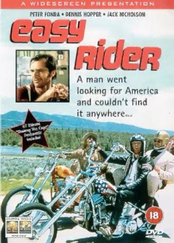 DVD cover for "Easy Rider" featuring motorcyclists and Peter Fonda’s portrait.