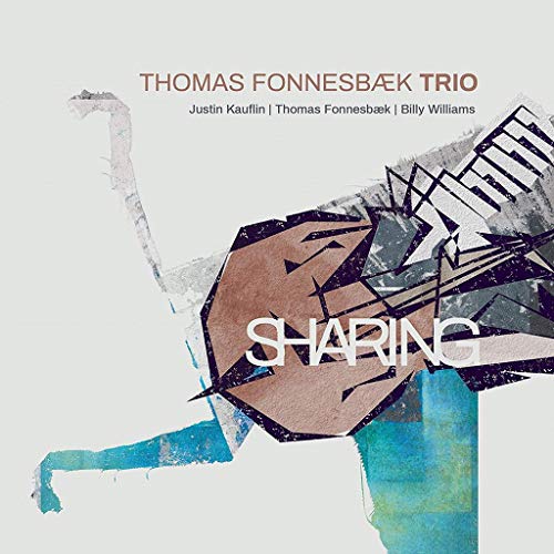 "Album cover with abstract piano illustration and 'SHARING' text on a light background."