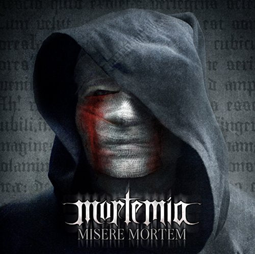 A hooded figure with a silver face and red markings, against a dark background.