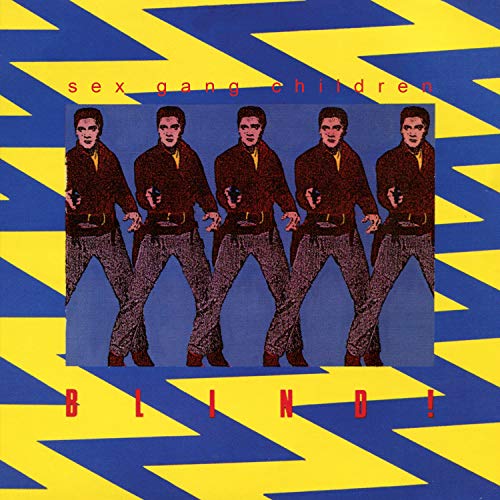 "Album cover with five men in red jackets against blue and yellow background."