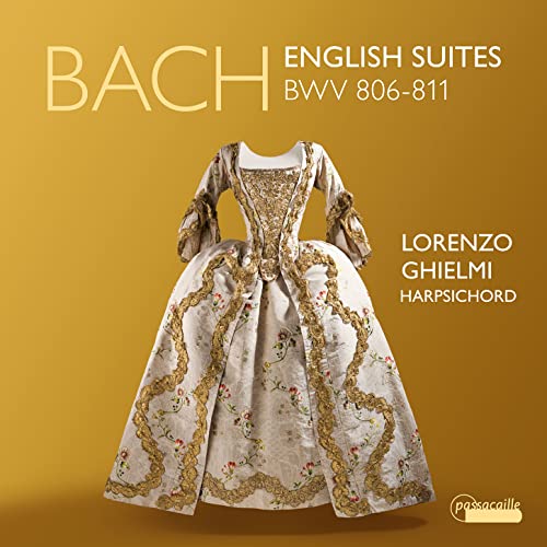 CD cover: Bach’s English Suites performed by Lorenzo Ghielmi, featuring 18th-century dress.
