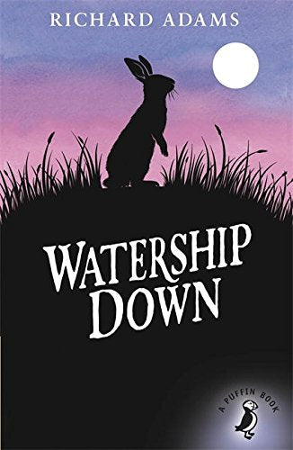 "Book cover of 'Watership Down' featuring a silhouette of a rabbit against a purple sky."