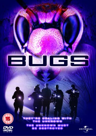 "Bugs DVD cover featuring a giant insect and armed people in silhouette."