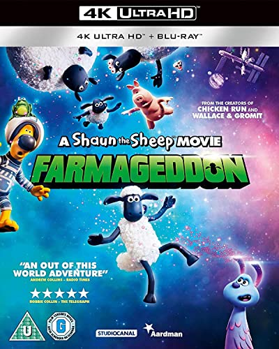 Shaun the Sheep Farmageddon movie poster with sheep, aliens, and a spaceship.