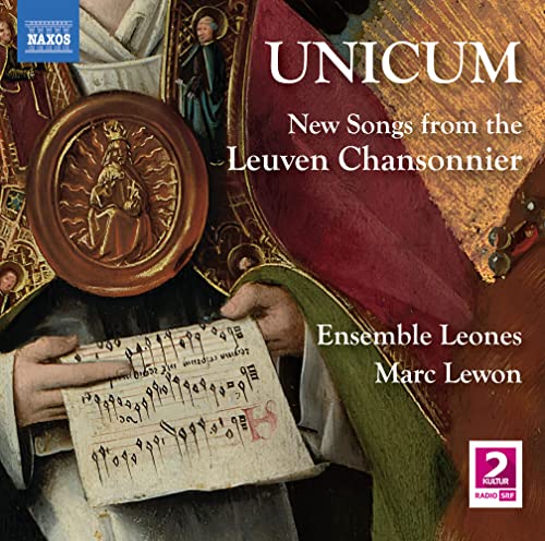 CD cover: medieval painting detail, musical score, and text "UNICUM.