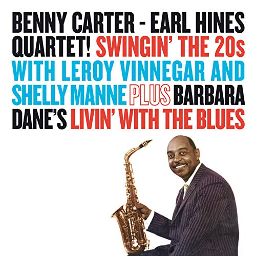 "Album cover with Benny Carter holding a saxophone, wearing a suit, on a white background."