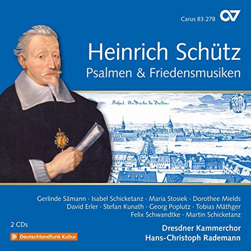 "CD cover with Heinrich Schütz portrait and cityscape illustration on blue background."