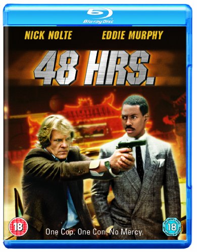 Blu-ray cover for 48 Hrs featuring Nick Nolte and Eddie Murphy holding a gun.