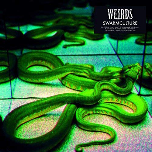 "Album cover featuring multiple green snakes entwined on a tiled floor."