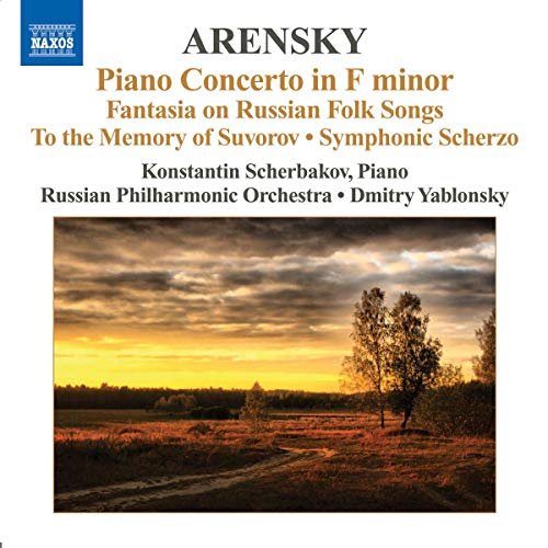 CD cover for Arensky’s Piano Concerto with a golden field landscape.
