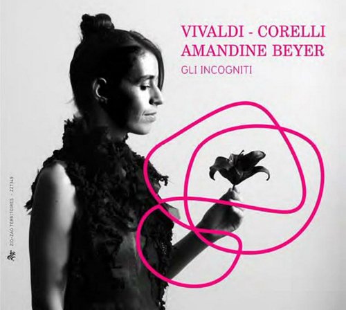 Amandine Beyer's CD cover: black and white portrait with pink text and graphics.