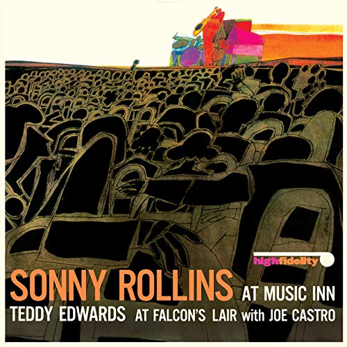 Sonny Rollins album cover: abstract illustration of musicians and audience.