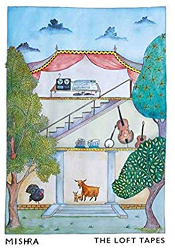 "Album cover art: whimsical illustration of a loft with musical instruments and animals."