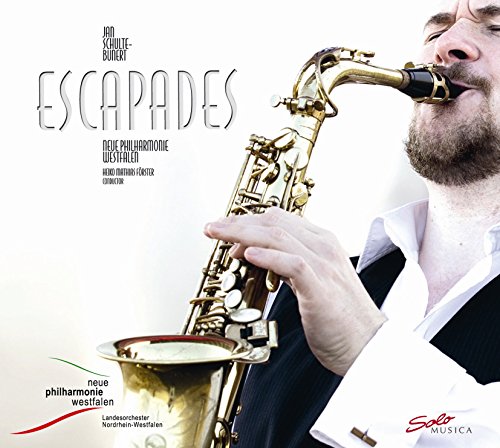 CD cover featuring a man playing a golden saxophone, with text "Escapades".