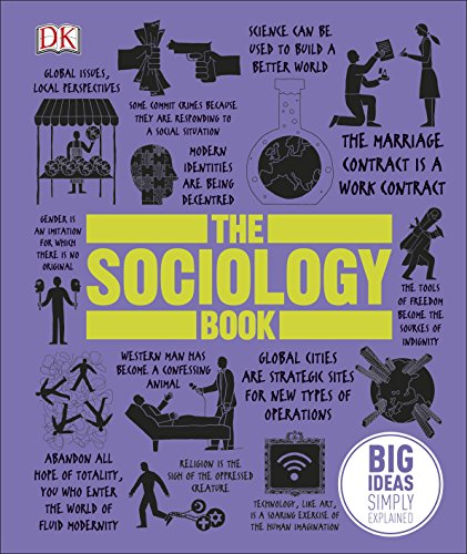 "The Sociology Book" cover with yellow title on purple background, surrounded by sociological illustrations.
