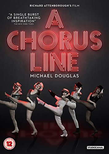 “A Chorus Line” DVD cover featuring dancers in mid-performance, red neon title.