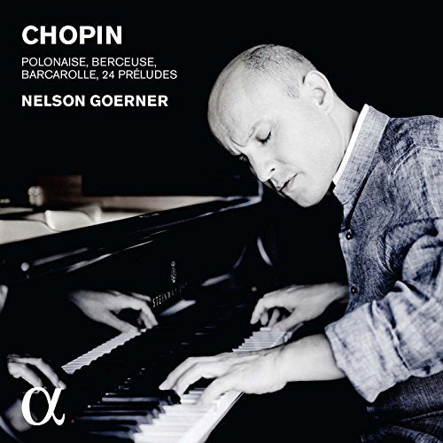 Black and white image of pianist Nelson Goerner playing a grand piano.