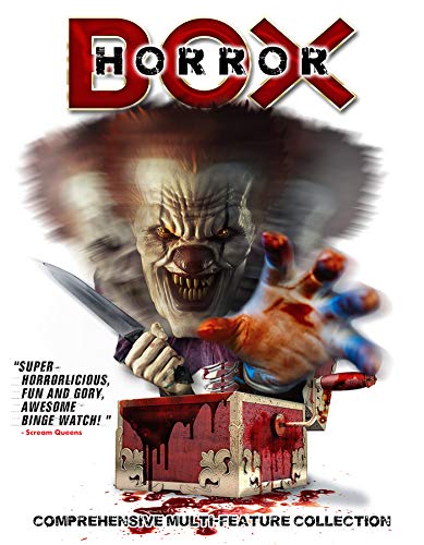 DVD cover for "Horror Box" featuring a menacing clown with a knife.