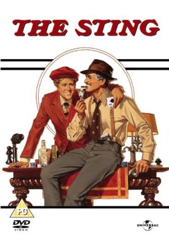 "The Sting DVD cover featuring two men sitting at a table, smiling."
