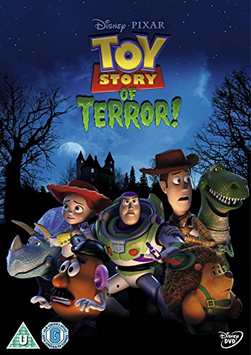 "Toy Story of Terror DVD cover featuring main characters in a spooky, nighttime setting."