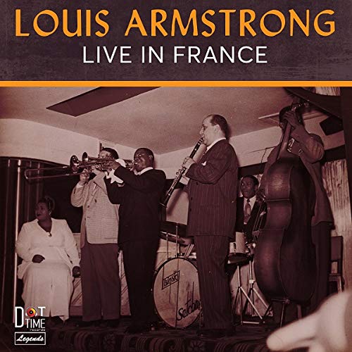 "Louis Armstrong album cover featuring a vintage photo of him performing with his band."